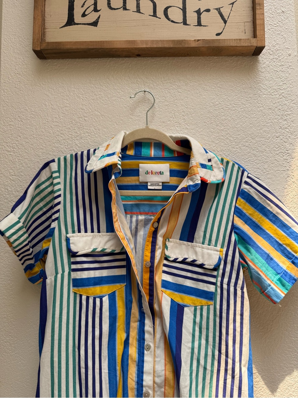 Delicatez Striped Button-Front Mini Dress in Multi-Color 100% Cotton Size L - Picture 2 of 10